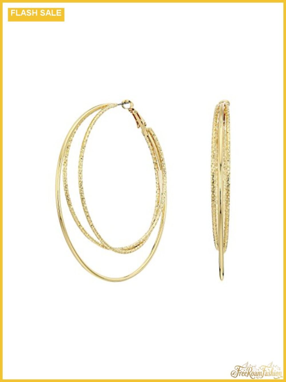 Gold Finish Smooth and Textured Wire Hoop Earrings